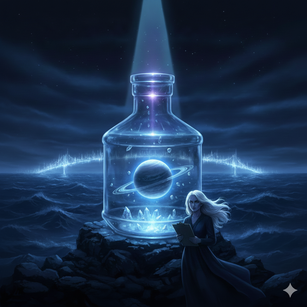 AI generated image of female Aquarius moon woman scientist with a clipboard to show emotional detachment as water bearer on the shore aware from the stormy sea of emotions